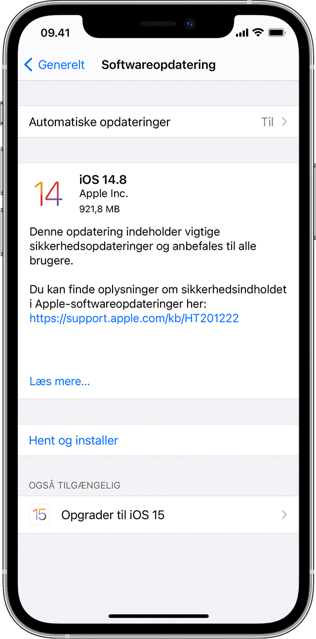 Appen Indstillinger på iPhone, der viser muligheder for opdatering til iOS 14.8 eller iOS 15.