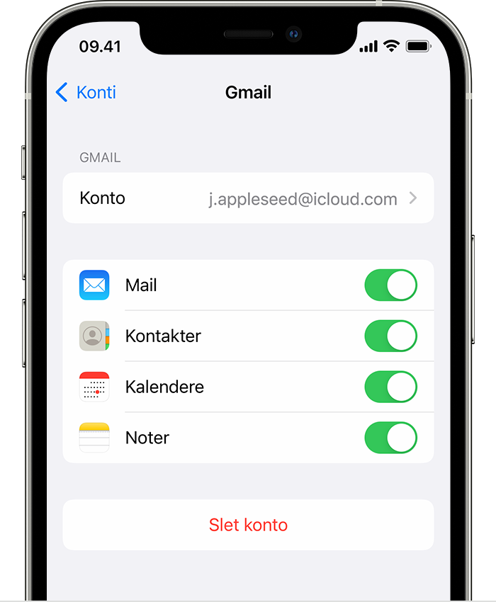 En iPhone, der viser indstillingerne for en tilsluttet Gmail-konto under Indstillinger > Mail > Konti > Gmail.