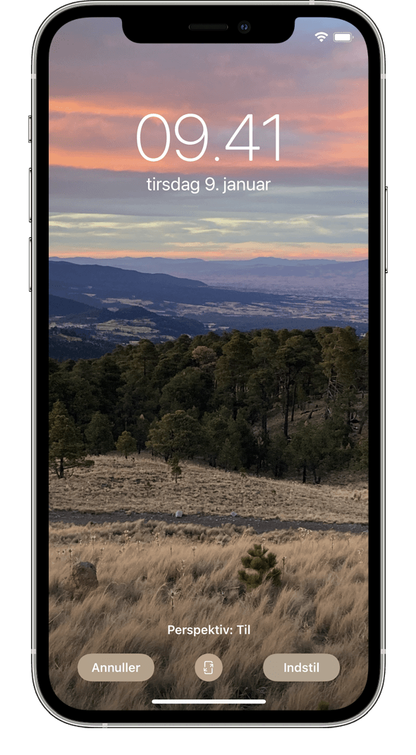 Knappen Perspektivzoom med et billede af en naturskøn bjergkæde på en iPhone