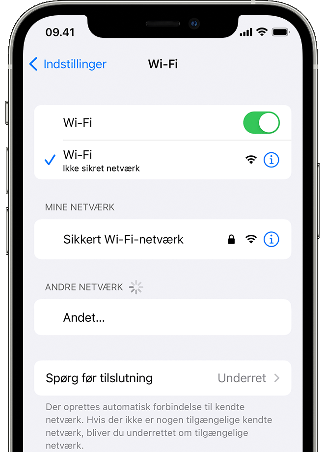 En iPhone, hvor skærmen Indstillinger > Wi-Fi vises. Der vises et blåt flueben ud for navnet på Wi-Fi-netværket.