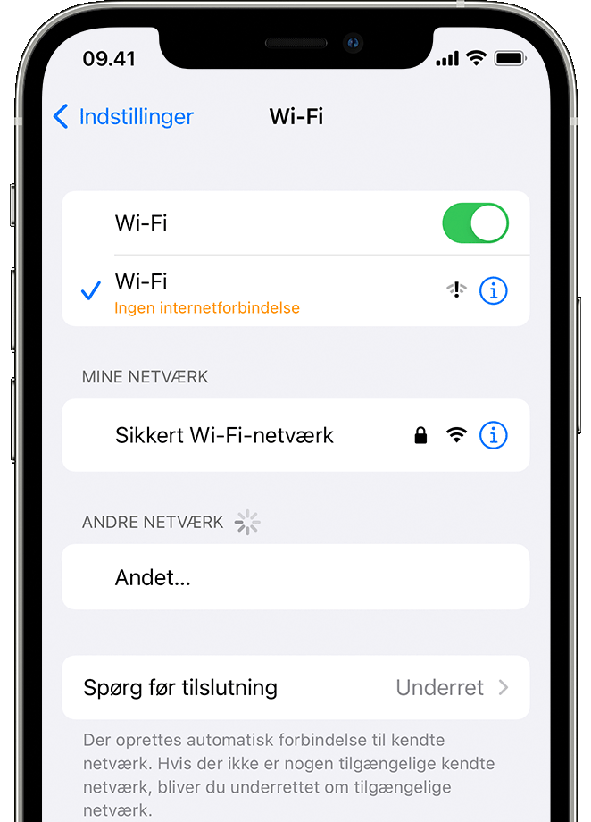 En iPhone, hvor skærmen Indstillinger > Wi-Fi vises. Der står 