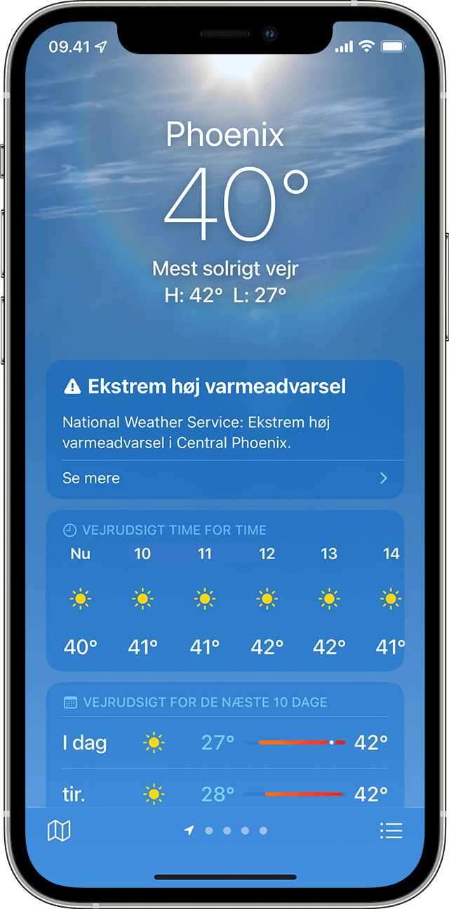 iPhone-skærm, der viser vejret