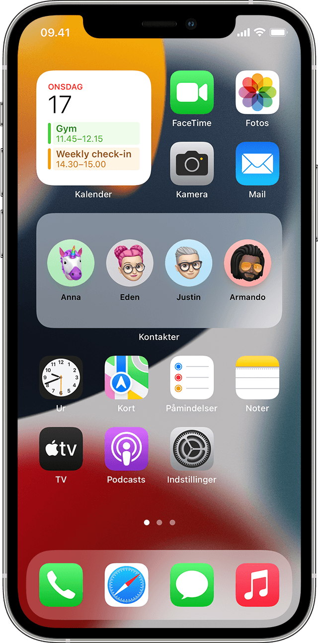 iPhone, der viser hjemmeskærmen med widgets