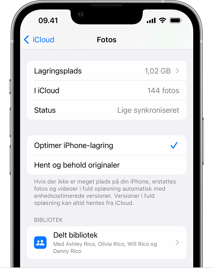 En iPhone med visning af indstillinger for Fotos i iCloud, inklusive indstillingerne Optimer iPhone-lagring eller Hent og behold originaler