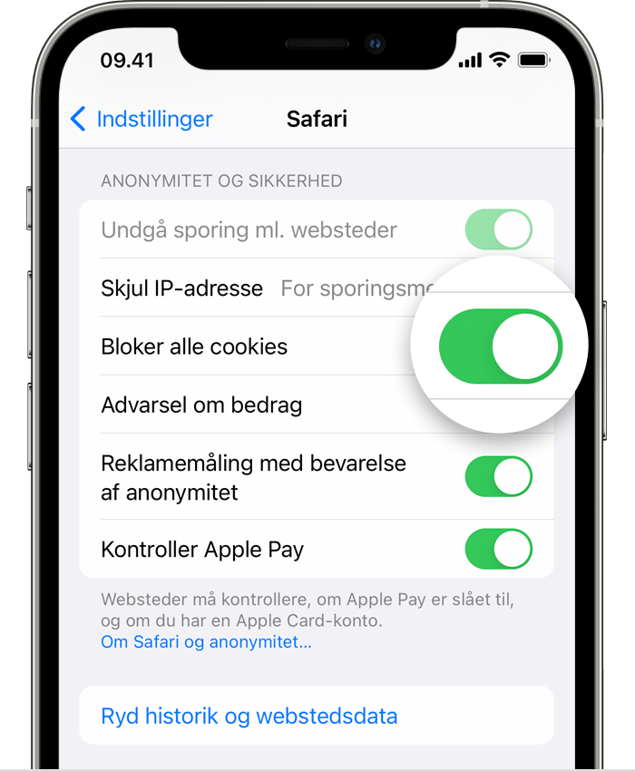 Indstillinger i Safari på iPhone med Bloker alle cookies aktiveret