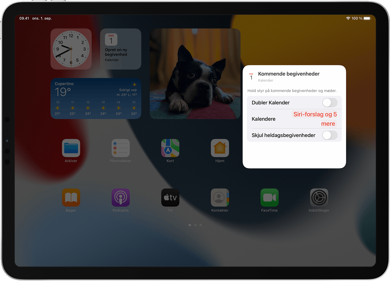 iPad-skærm viser indstillinger for widgetten Påmindelser