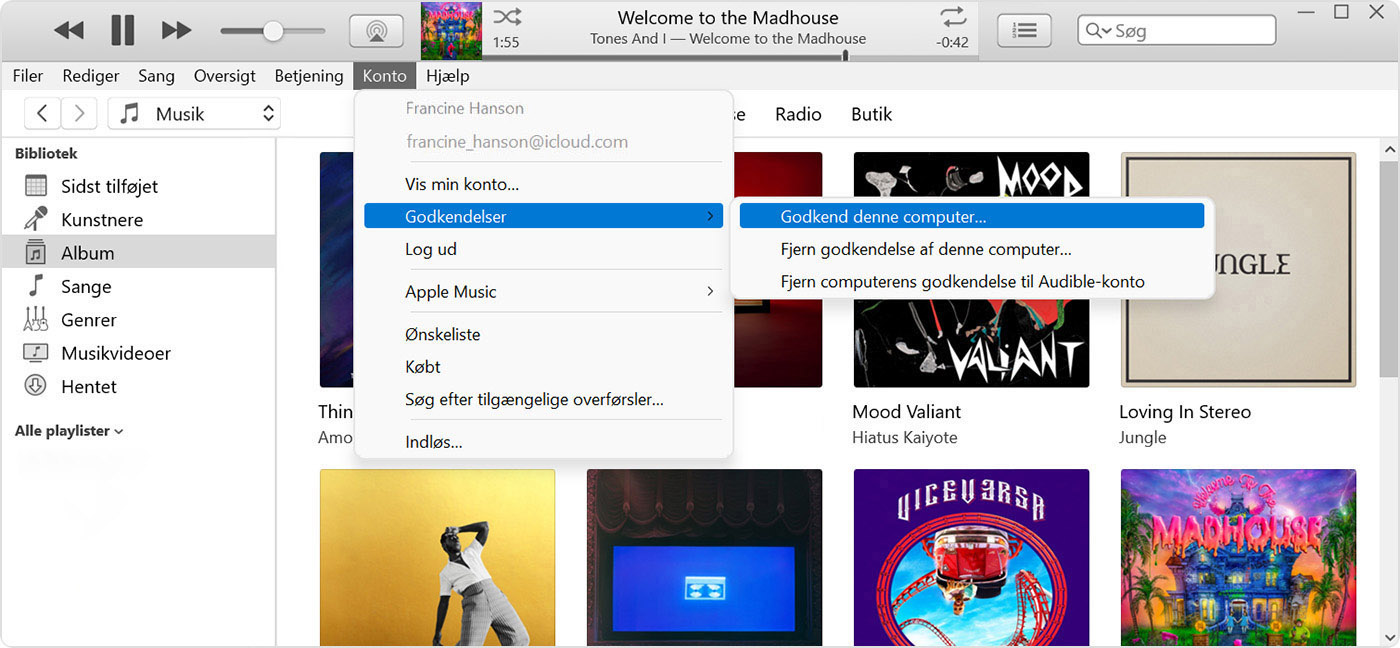 iTunes viser menuen Konto, Godkendelser og Godkend denne computer. 