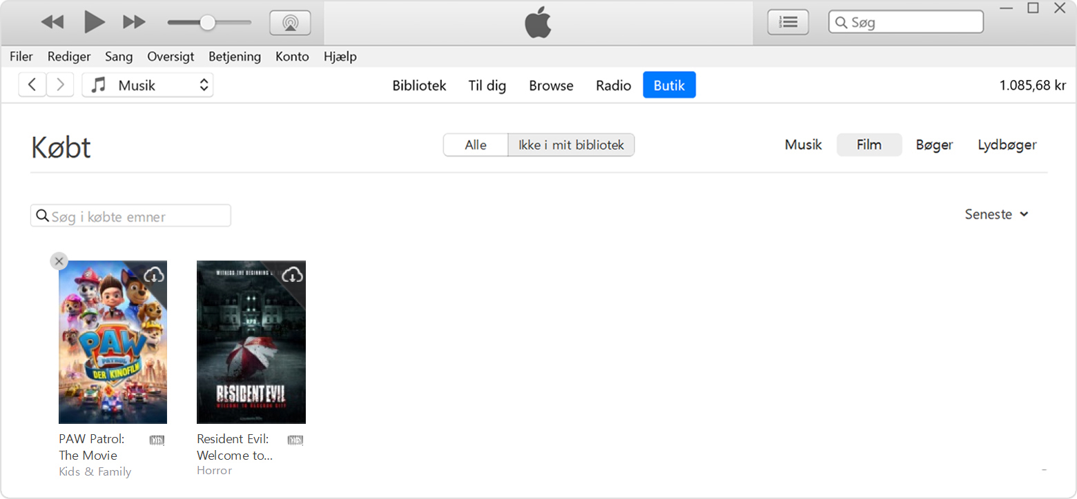 Knappen Skjul køb i iTunes på en pc