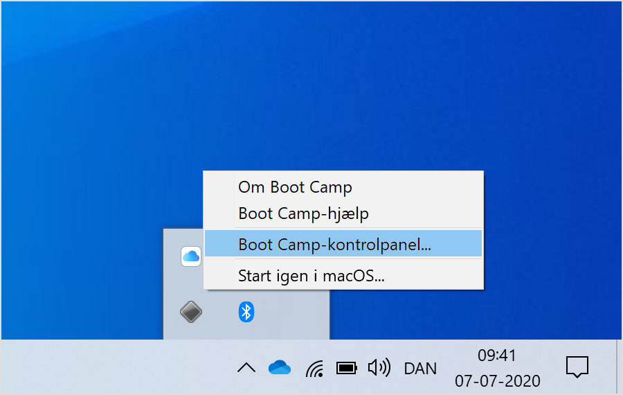 Boot Camp-menu med Boot Camp-kontrolpanelet valgt