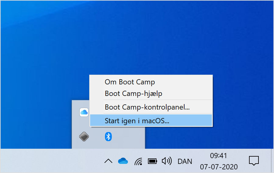 Boot Camp-menuen i Windows 10