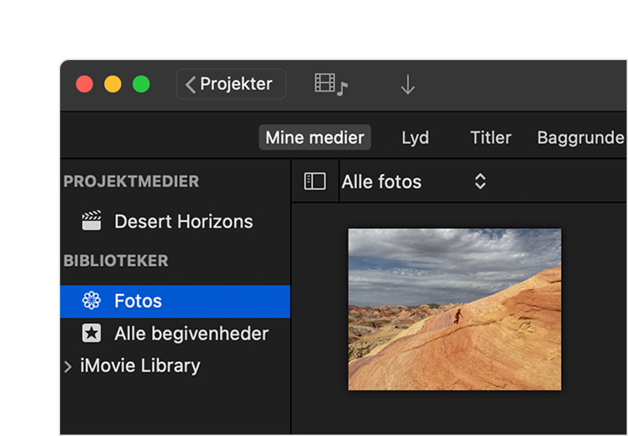 iMovie-projekt med browseren Mine medier åben på en Mac