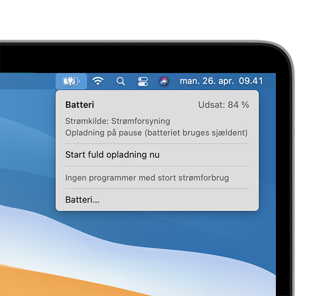 Hvis batteriopladning er sat på pause eller er på hold på din Mac -  Apple-support (DK)