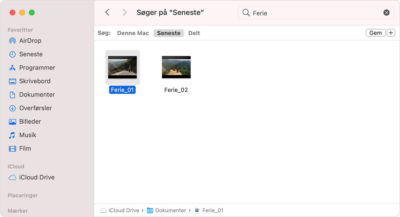 Søgeresultater i macOS Finder-vinduet med arkivstilinjen vist nederst i ruden 