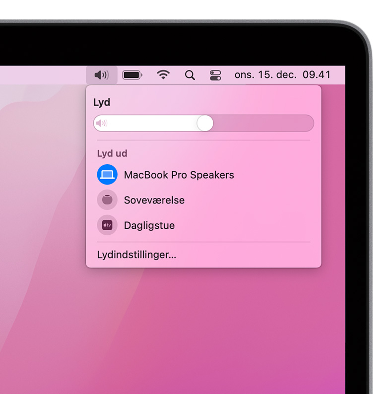 macOS-skærmbillede af lydstyrkemenuen på Mac. 