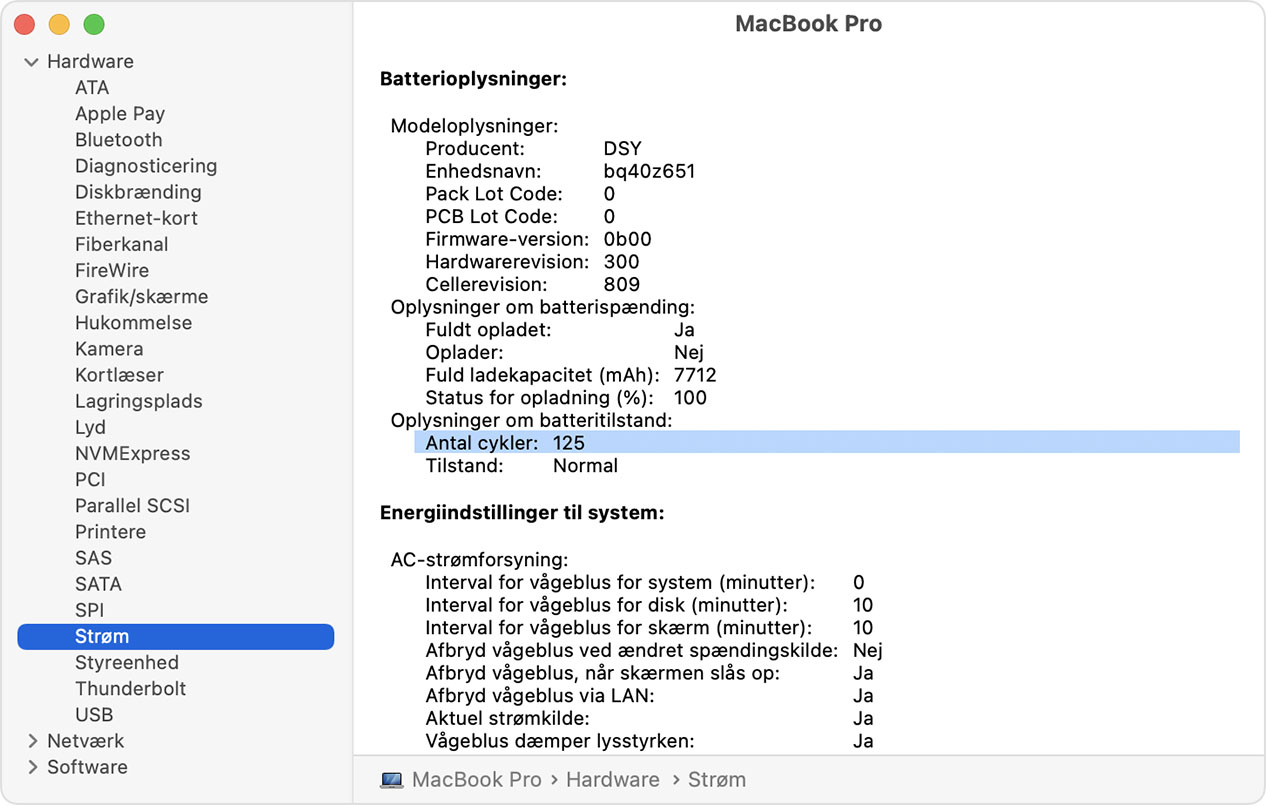 Fastlæg antallet af batteriopladningscyklusser for bærbare Mac-computere -  Apple-support (DK)