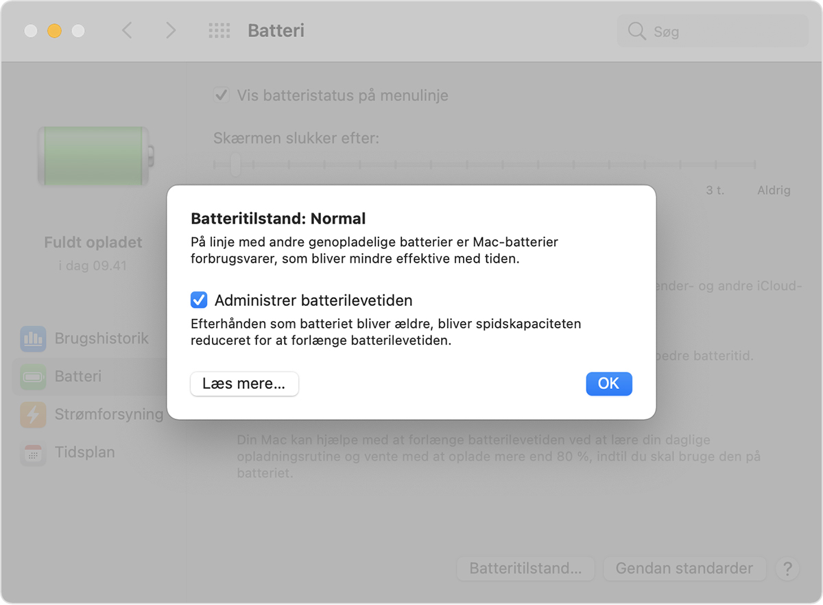 entusiasme Kilde sværge Om administration af batteritilstand i bærbare Mac-computere - Apple-support  (DK)