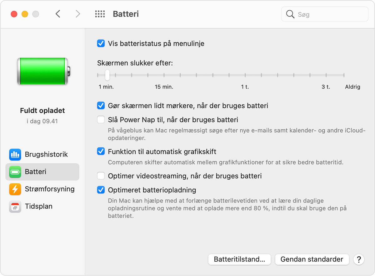 Hvis batteriopladning er sat på pause eller er på hold på din Mac -  Apple-support (DK)