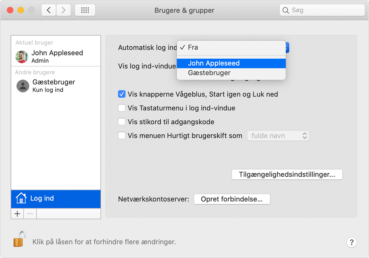 Automatisk log ind på en Mac-computer ved start - Apple-support (DK)