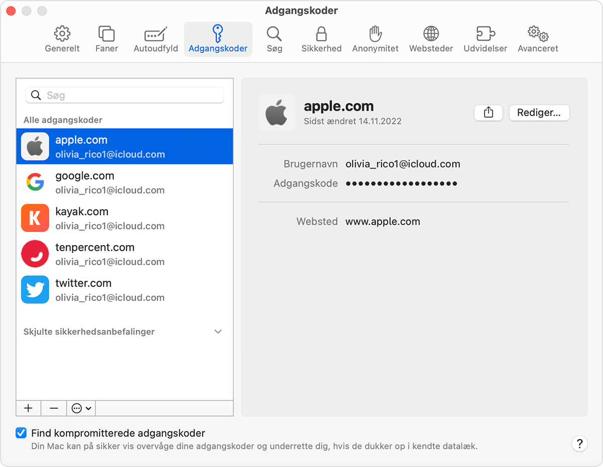Sådan finder du gemte adgangskoder og loginnøgler på din Mac -  Apple-support (DK)