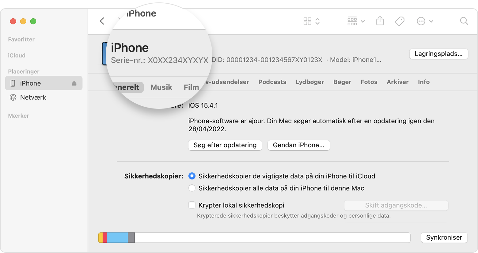 Skærmbillede af Finder-vinduet, der viser iPhone-serienummer