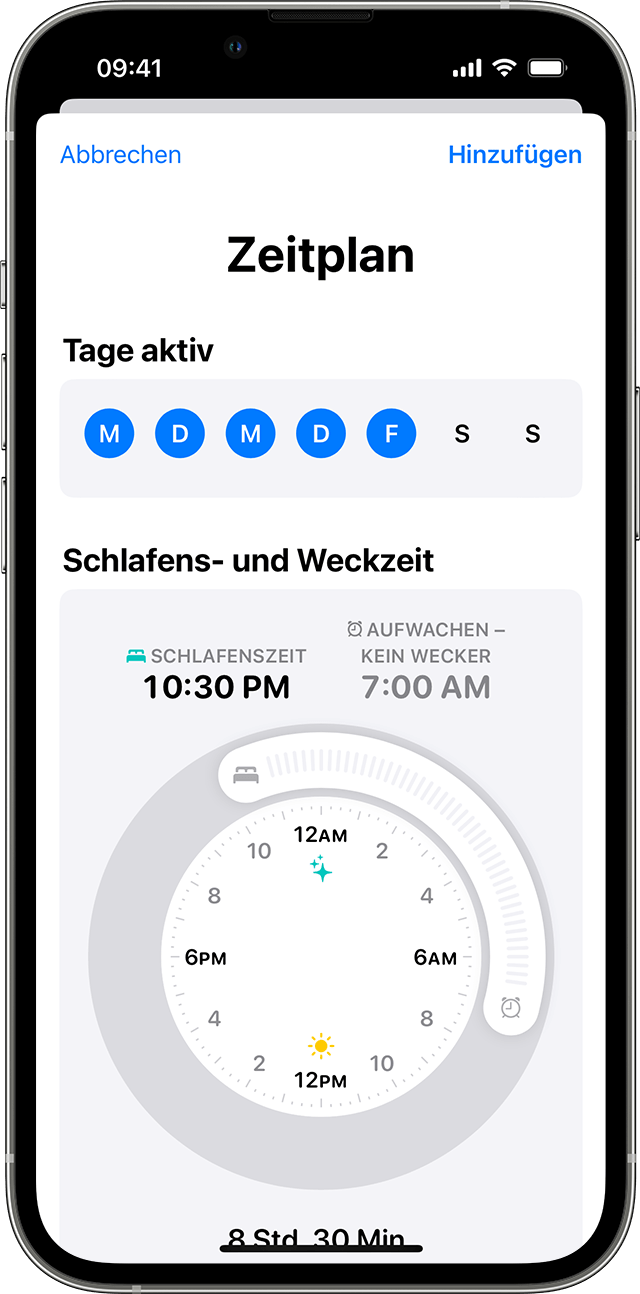 Ein iPhone-Bildschirm, auf dem die Optionen zum Bearbeiten eines vollständigen Schlafplans angezeigt werden