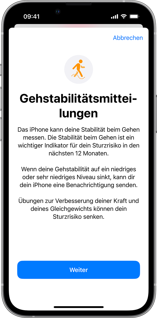 Ein iPhone-Bildschirm, auf dem die Einrichtungsseite für "Stabilität beim Gehen" angezeigt wird