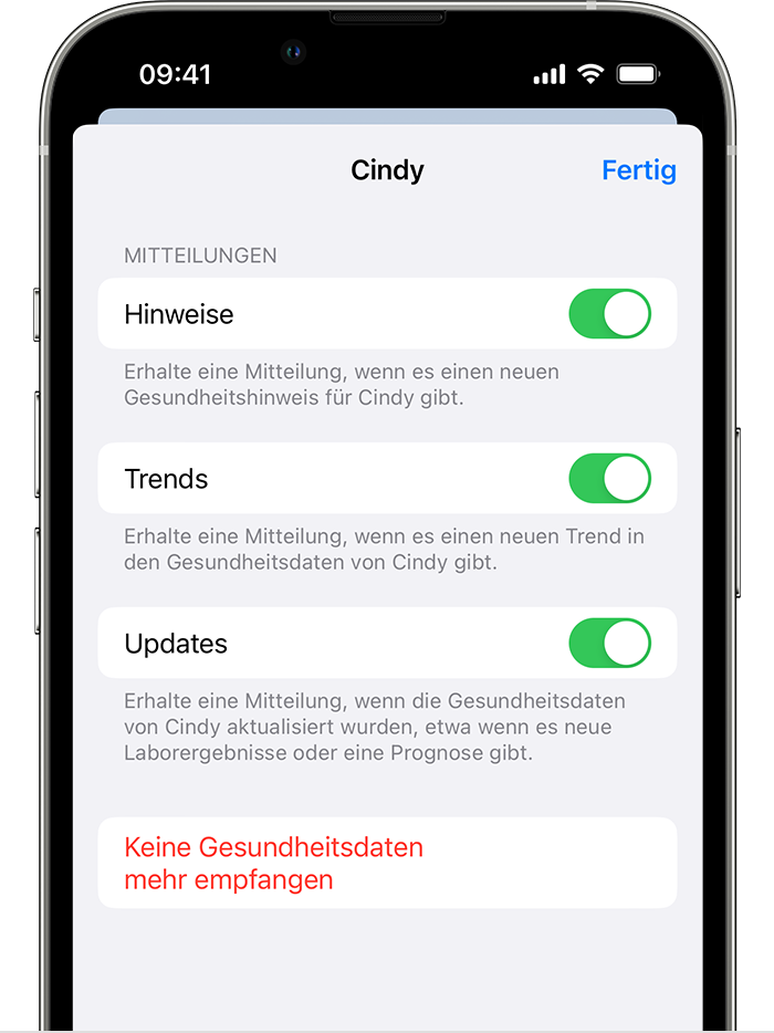 iPhone-Bildschirm mit den Optionen zum Deaktivieren von Hinweisen, Trends oder Updates, wenn Gesundheitsdaten mit einer anderen Person geteilt werden.