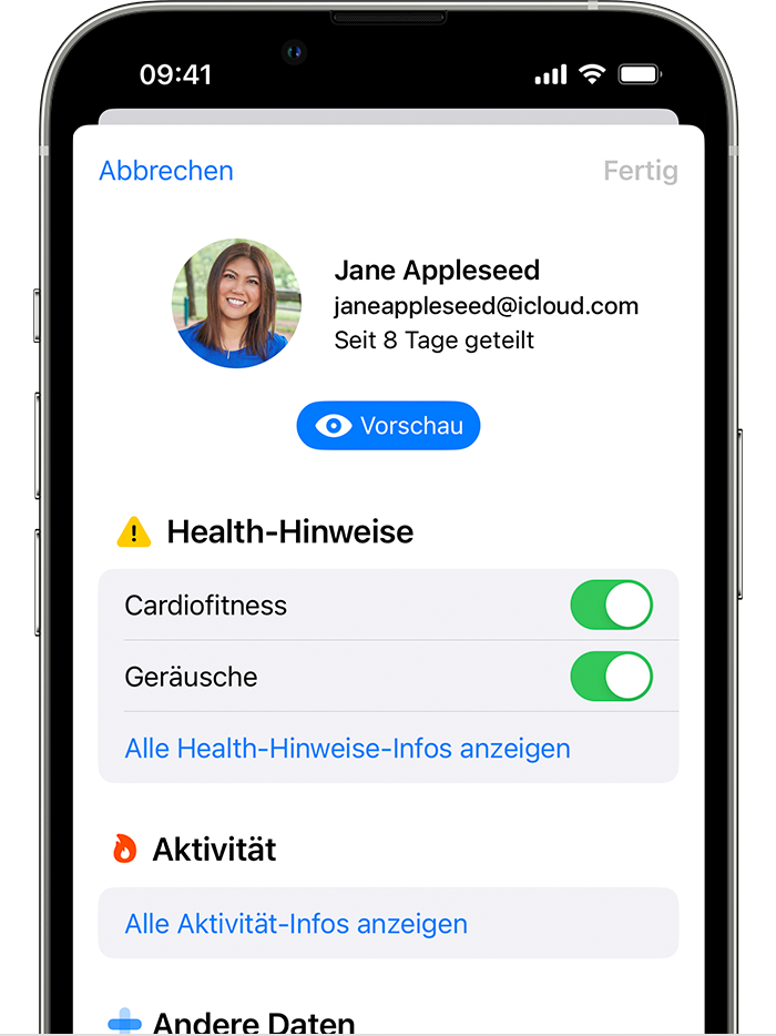 iPhone-Bildschirm mit den verfügbaren Gesundheitsbereichen, für die du die Freigabe starten oder beenden kannst.