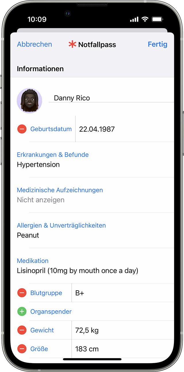 iPhone-Bildschirm mit Notfallpass-Informationen
