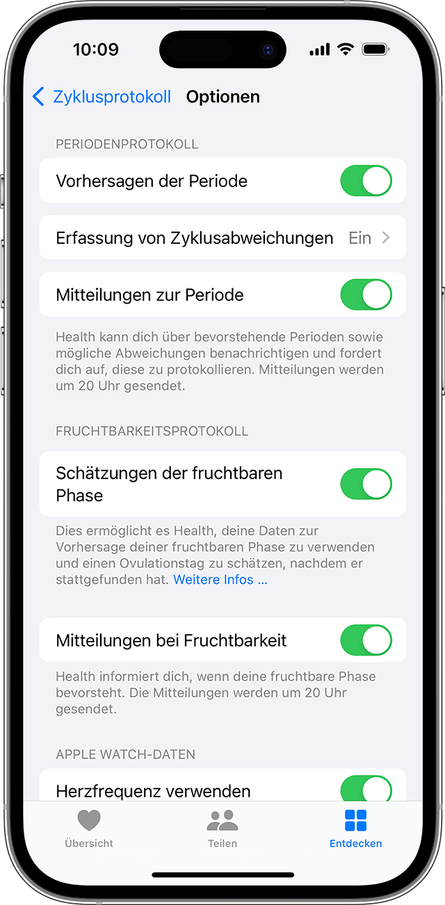 Zyklusprotokoll-Optionen für Mitteilungen zu Periode und Fruchtbarkeit auf dem iPhone