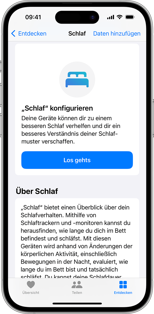 Ein iPhone-Bildschirm, auf dem die Option "Schlaf konfigurieren" angezeigt wird 