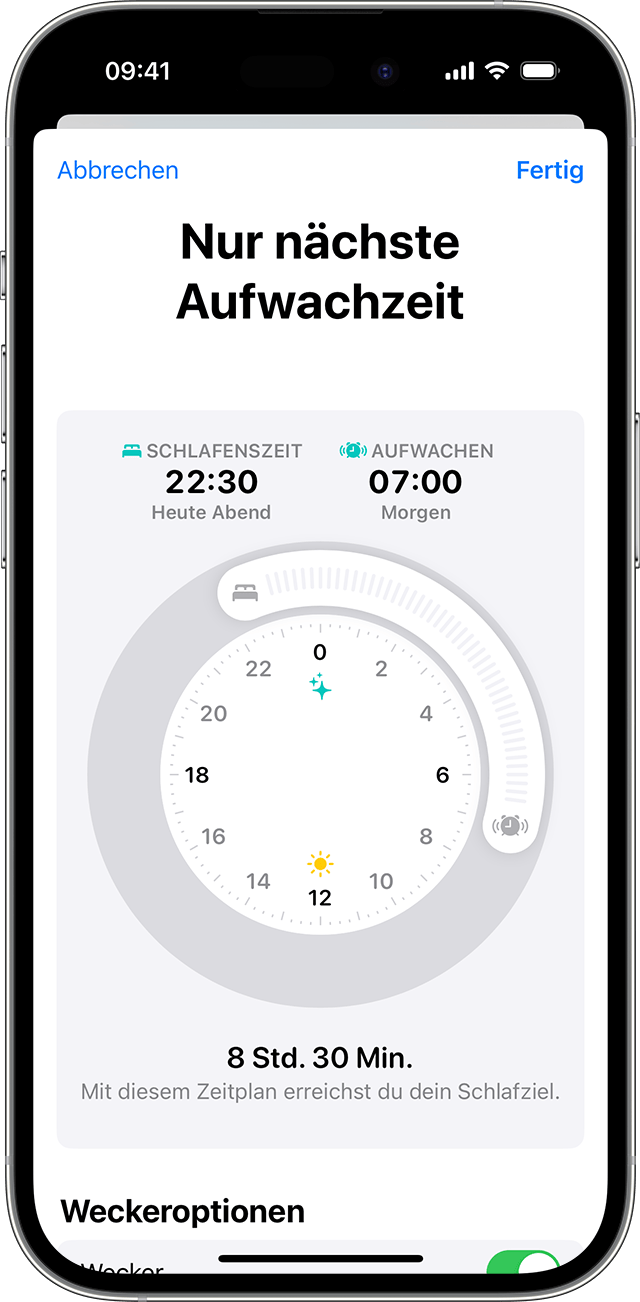 Ein iPhone-Bildschirm, auf dem die Optionen zum Bearbeiten von "Nur nächste Aufwachzeit" angezeigt werden