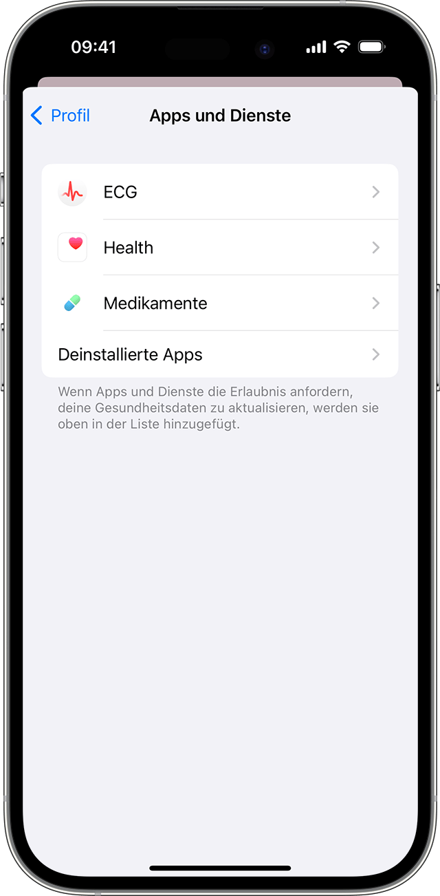 Die Apps „EKG“, „Health“ und „Medikamente“, die als kompatibel mit „Health“ auf einem iPhone aufgeführt sind