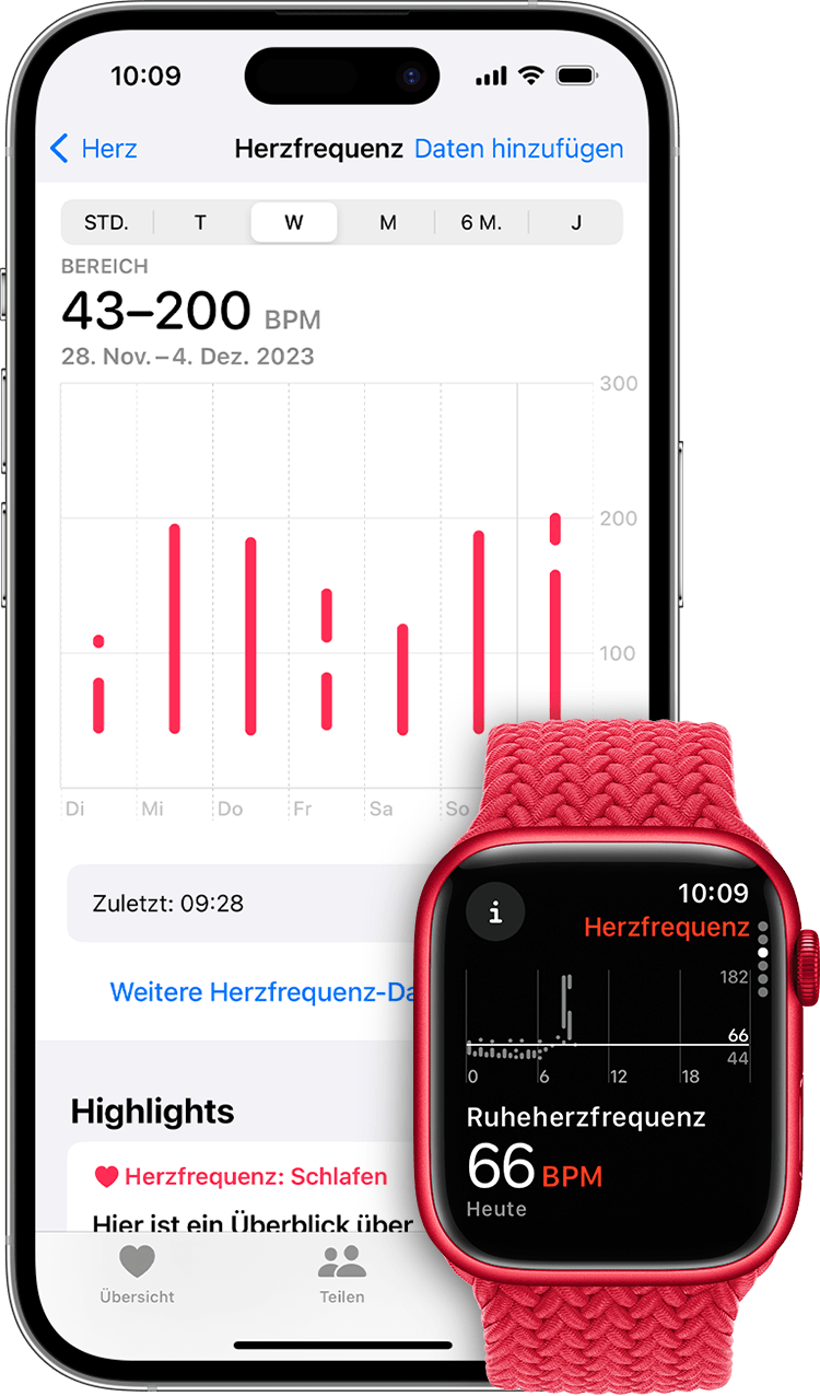 Herzfrequenzmessungen in der Health-App auf dem iPhone und Ruheherzfrequenz in der App auf der Apple Watch