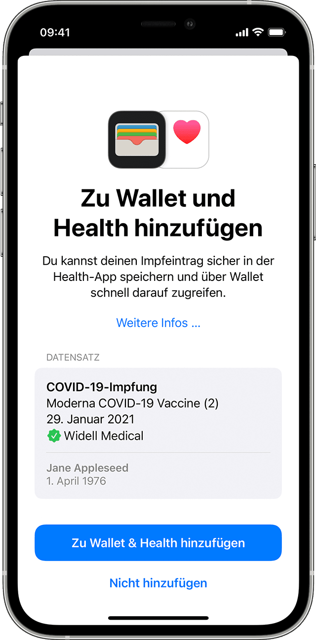 iPhone-Bildschirm mit COVID-19-Impfeintrag, der in Wallet und Health hinzugefügt werden kann
