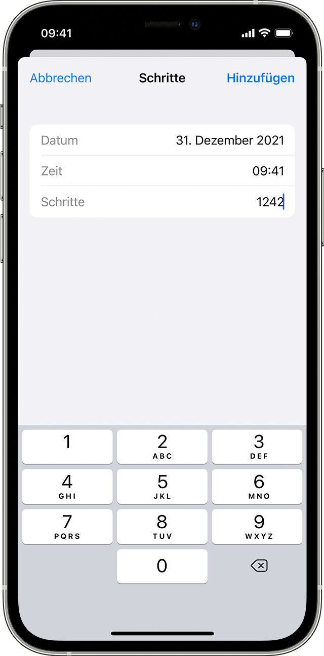 Das Datum, die Uhrzeit und die Anzahl der Schritte, die für die Aktivität auf einem iPhone eingegeben wurden.
