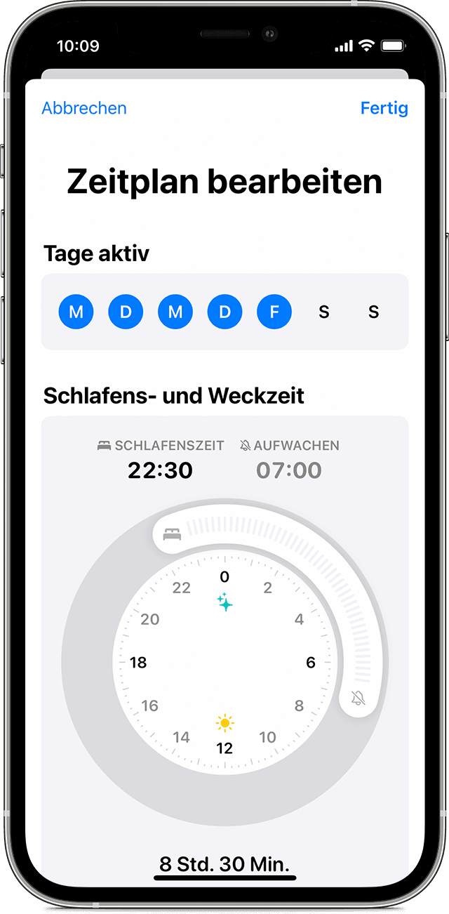 Ein iPhone-Bildschirm, auf dem die Optionen zum Bearbeiten eines vollständigen Schlafplans angezeigt werden