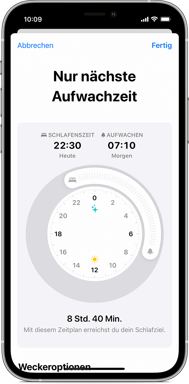 Ein iPhone-Bildschirm, auf dem die Optionen zum Bearbeiten von 'Nur nächste Aufwachzeit' angezeigt werden