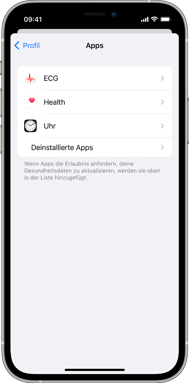 Die Apps "Uhr", "EKG" und "Health", die als kompatibel mit "Health" auf einem iPhone aufgeführt sind