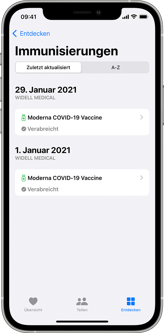 iPhone-Bildschirm mit COVID-19-Impfeintrag in der Health-App
