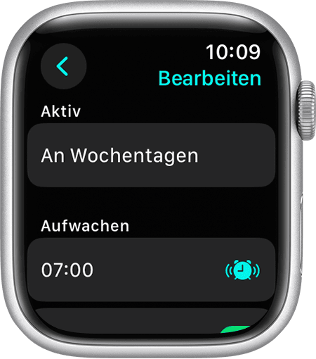 Ein Apple Watch-Bildschirm, auf dem die Optionen zum Bearbeiten eines vollständigen Schlafplans angezeigt werden