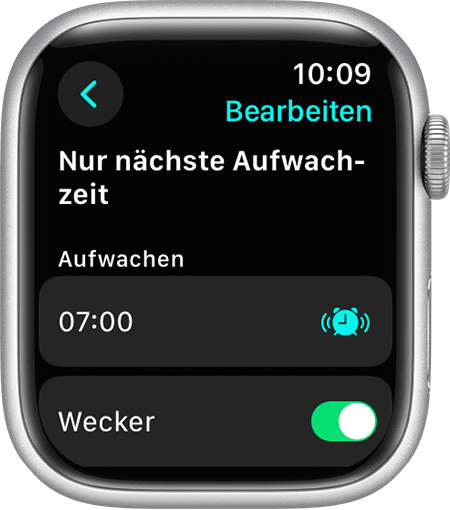 Ein Apple Watch-Bildschirm, auf dem die Optionen zum Bearbeiten von "Nur nächste Aufwachzeit" angezeigt werden