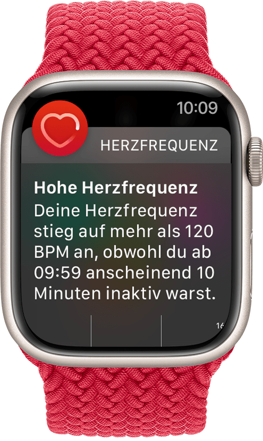 Eine Apple Watch, auf der eine Mitteilung zu hoher Herzfrequenz angezeigt wird