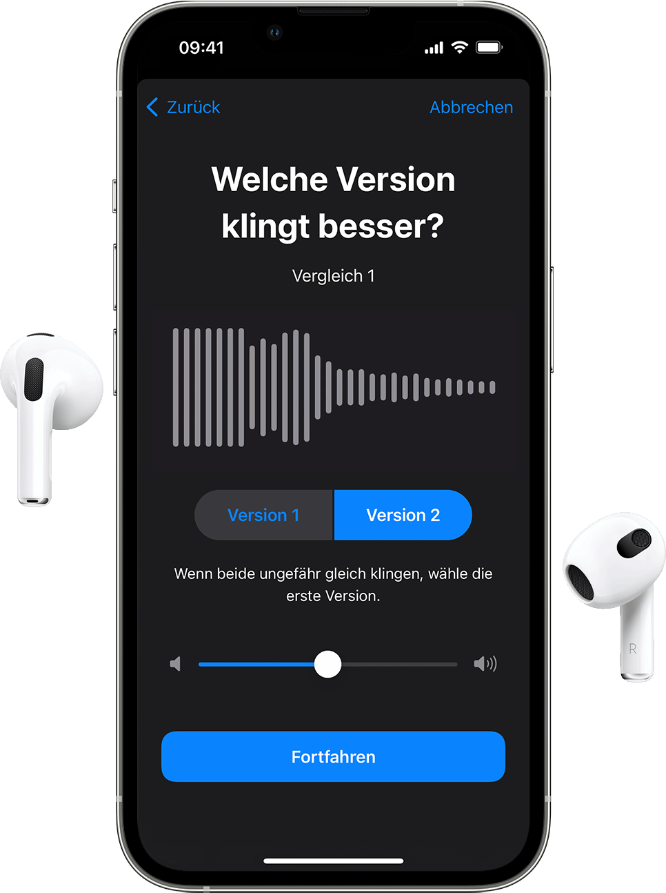 AirPods und ein iPhone mit benutzerdefinierter Audioeinrichtung, das fragt, welches Hörbeispiel besser klingt.