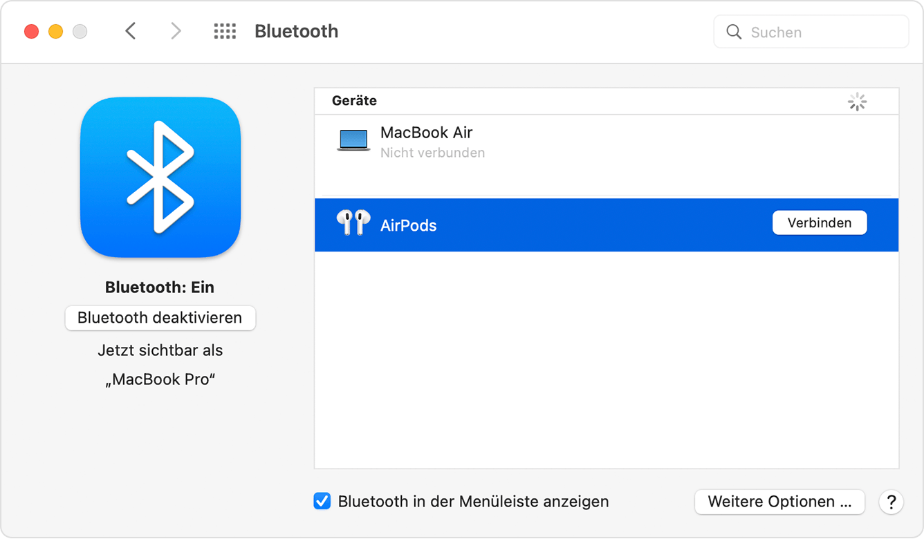 Bluetooth-Einstellungen in den Systemeinstellungen auf dem Mac