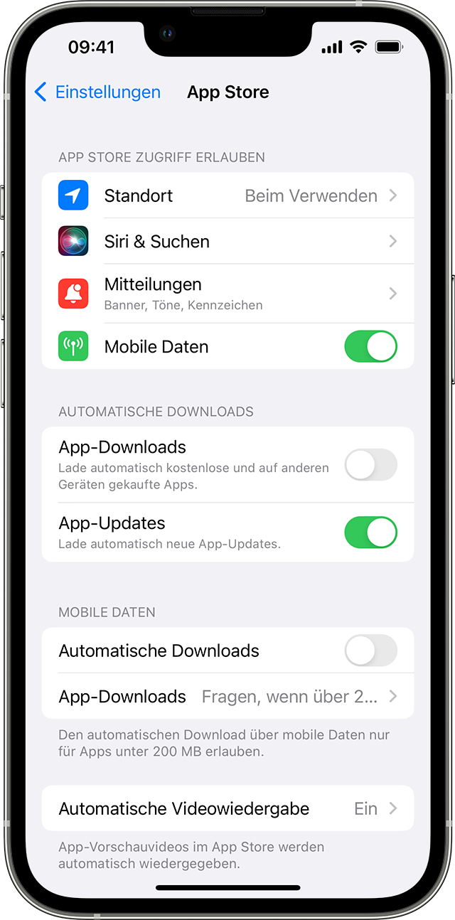 iPhone, auf dem die App Store-Optionen in den Einstellungen angezeigt werden, einschließlich "App-Updates".