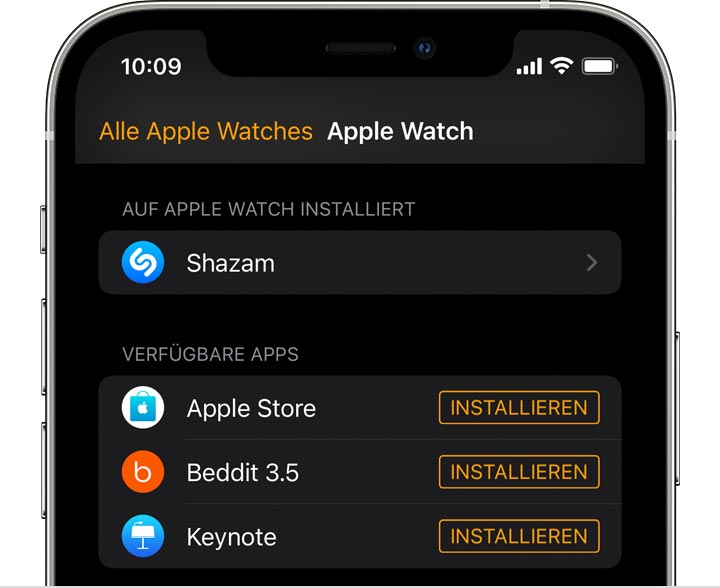 iPhone-Bildschirm mit der Watch-App 