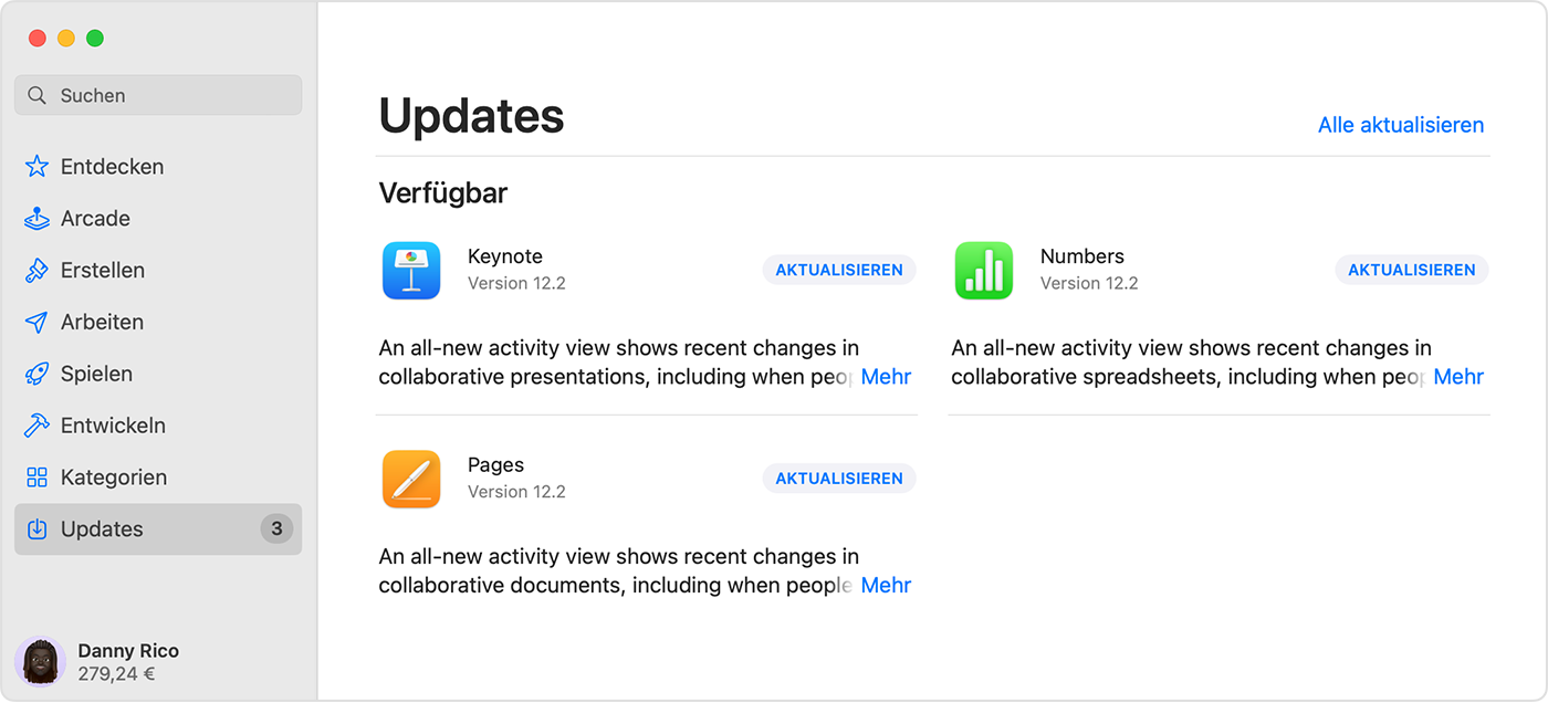 Mac, auf dem die Updates-Seite im App Store angezeigt wird.