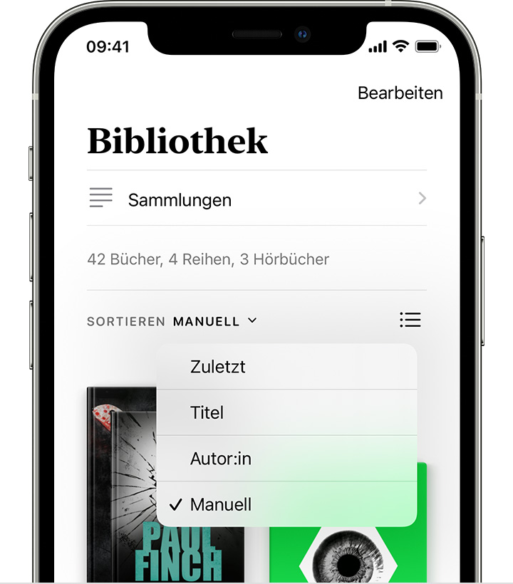 iPhone mit den Sortieroptionen für die Mediathek, einschließlich "Zuletzt benutzt", "Titel", "Autor" und "Manuell".