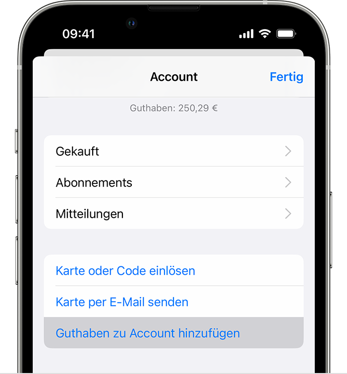 Auf einem iPhone wird im App Store im Menü "Guthaben zu Account hinzufügen" angezeigt.